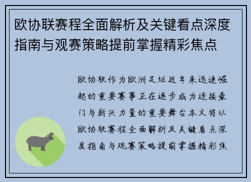 欧协联赛程全面解析及关键看点深度指南与观赛策略提前掌握精彩焦点