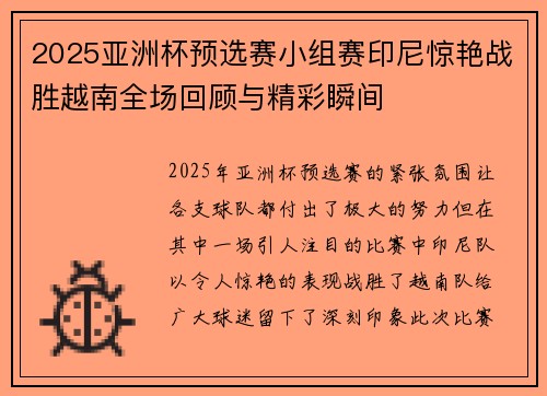 2025亚洲杯预选赛小组赛印尼惊艳战胜越南全场回顾与精彩瞬间